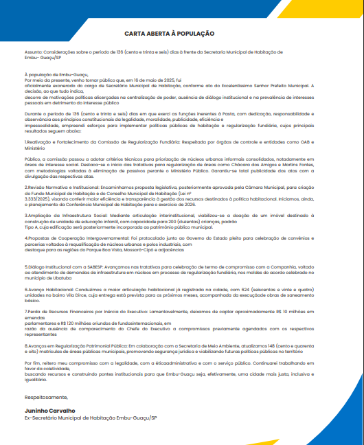 Ex-secretário de Habitação denuncia desmonte e perda de milhões por inércia da Prefeitura de Embu-Guaçu.